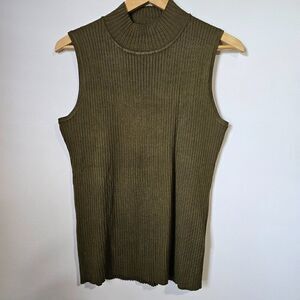 EUC OPHELIA ROE OLIVE GREEN MOCK NECK RIBBED SWEATER TANK TOP SIZE XL